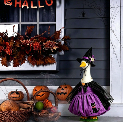 Halloween Porch Goose Witch Costume, Spooky Cute Black Cat Pumpkin Print Dress With Floral Witch Hat, 23 Inch Lawn Goose Outfit For Holiday Garden Decor