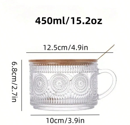 Glass Family 4-Piece Set 450ml/15.2oz, Overnight Oat Container With Bamboo Lid And Spoon - Transparent Embossed Glass Cup