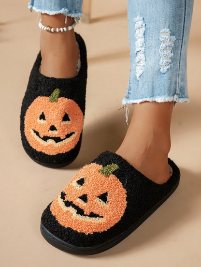 Women's Halloween Classic Pumpkin Slippers Ghost Face Non-Slip Slippers For Casual Footwear In Winter Black