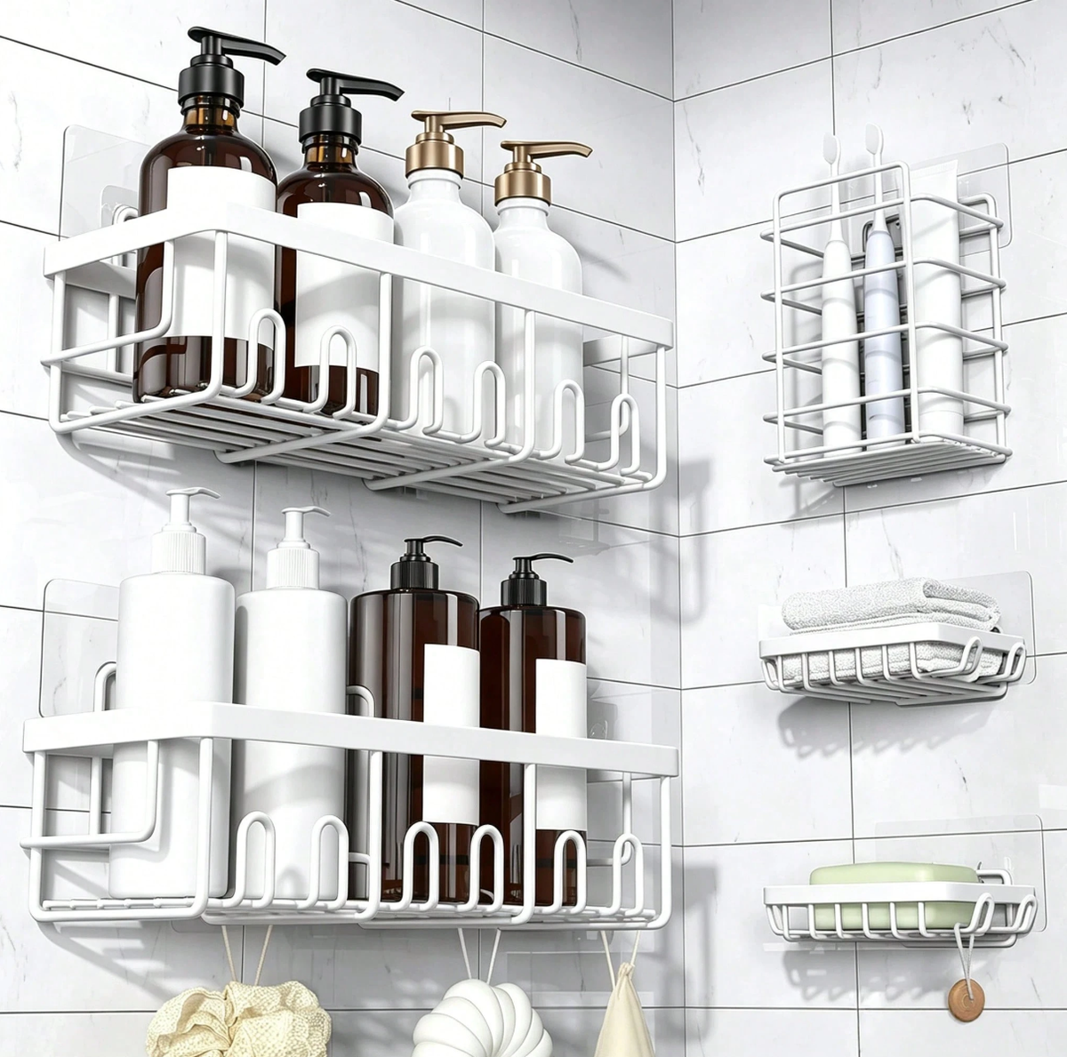 Caddy Shower Storage 5-Piece Set Self-Adhesive Stainless Steel Shelf No Drilling Required Rust-Resistant Pink Bathroom Decor Accessories for Shampoo & Body Wash