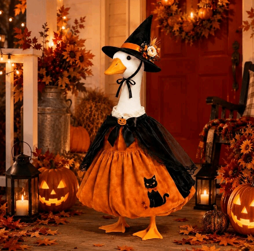 Halloween Porch Goose Witch Costume, Spooky Cute Black Cat Pumpkin Print Dress With Floral Witch Hat, 23 Inch Lawn Goose Outfit For Holiday Garden Decor