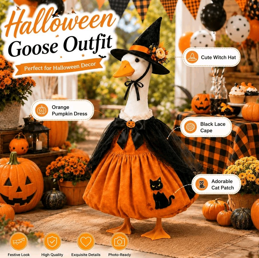 Halloween Porch Goose Witch Costume, Spooky Cute Black Cat Pumpkin Print Dress With Floral Witch Hat, 23 Inch Lawn Goose Outfit For Holiday Garden Decor