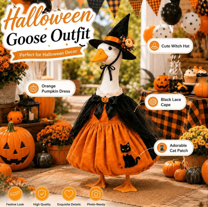 Halloween Porch Goose Witch Costume, Spooky Cute Black Cat Pumpkin Print Dress With Floral Witch Hat, 23 Inch Lawn Goose Outfit For Holiday Garden Decor