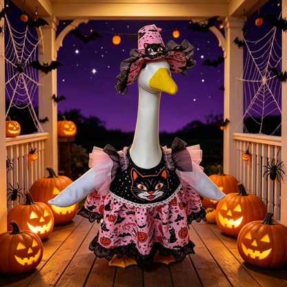 Halloween Porch Goose Witch Costume, Spooky Cute Black Cat Pumpkin Print Dress With Floral Witch Hat, 23 Inch Lawn Goose Outfit For Holiday Garden Decor