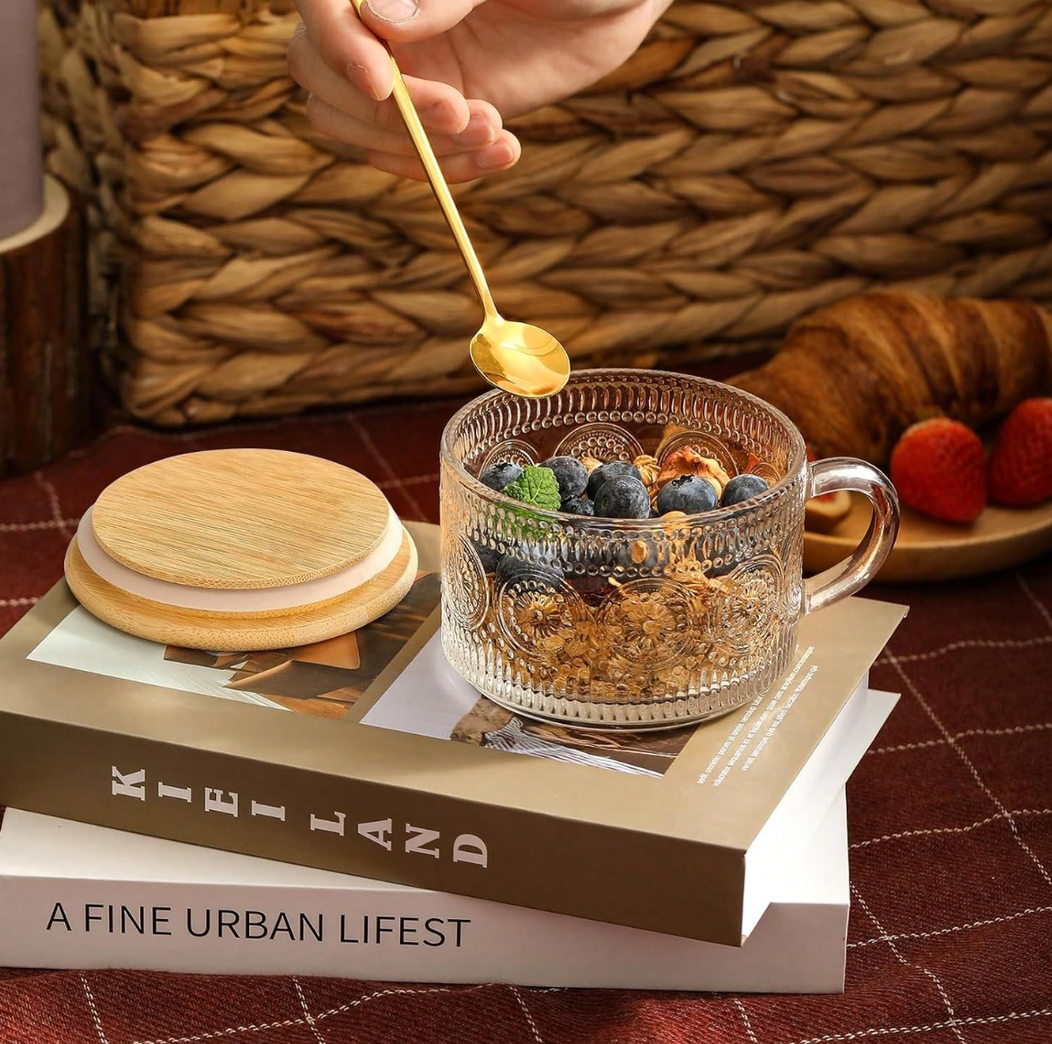 Glass Family 4-Piece Set 450ml/15.2oz, Overnight Oat Container With Bamboo Lid And Spoon - Transparent Embossed Glass Cup