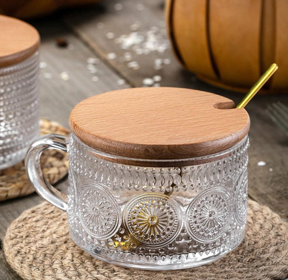 Glass Family 4-Piece Set 450ml/15.2oz, Overnight Oat Container With Bamboo Lid And Spoon - Transparent Embossed Glass Cup