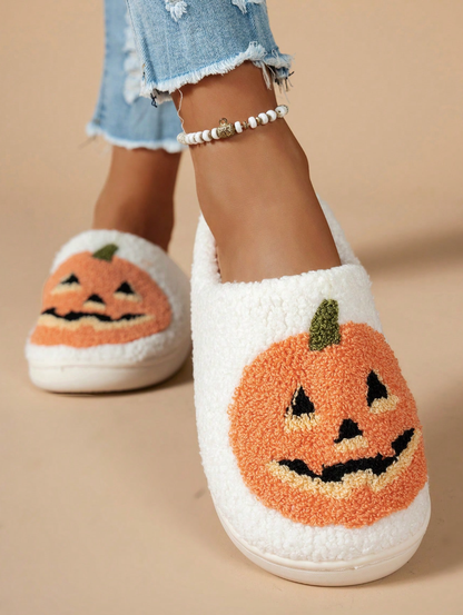 Women's Halloween Classic Pumpkin Slippers Ghost Face Non-Slip Slippers For Casual Footwear In Winter Black
