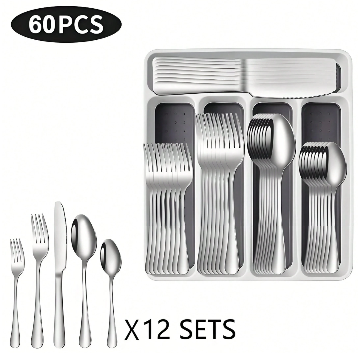 30/60pcs Silverware Sets With Organizer,, Service For 6/12 Person,Includes Knives Spoon And Fork Sets For Kitchen Accessories,Stainless Steel Tableware Flatware Sets,Cutlery Sets Eating Utensils Sets