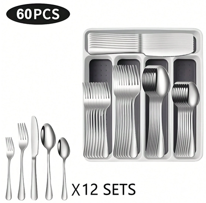 30/60pcs Silverware Sets With Organizer,, Service For 6/12 Person,Includes Knives Spoon And Fork Sets For Kitchen Accessories,Stainless Steel Tableware Flatware Sets,Cutlery Sets Eating Utensils Sets