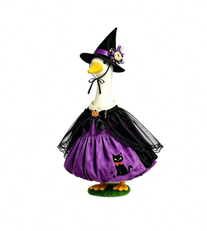 Halloween Porch Goose Witch Costume, Spooky Cute Black Cat Pumpkin Print Dress With Floral Witch Hat, 23 Inch Lawn Goose Outfit For Holiday Garden Decor
