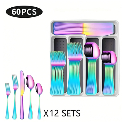 30/60pcs Silverware Sets With Organizer,, Service For 6/12 Person,Includes Knives Spoon And Fork Sets For Kitchen Accessories,Stainless Steel Tableware Flatware Sets,Cutlery Sets Eating Utensils Sets