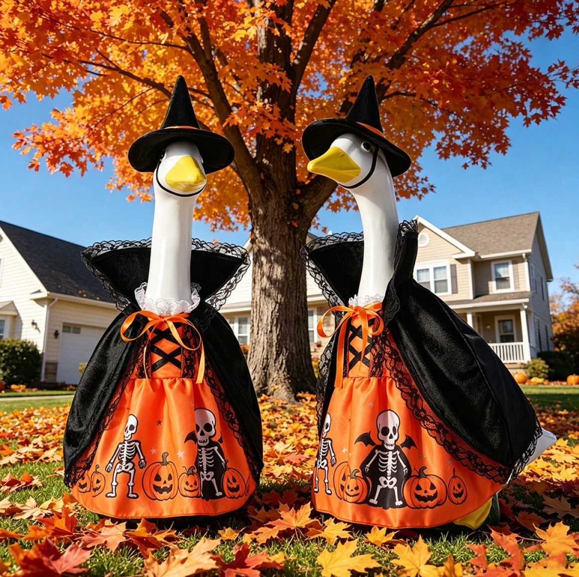 Halloween Porch Goose Witch Costume, Spooky Cute Black Cat Pumpkin Print Dress With Floral Witch Hat, 23 Inch Lawn Goose Outfit For Holiday Garden Decor