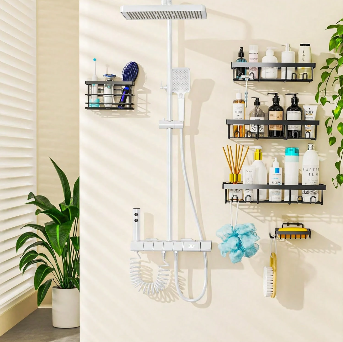 Caddy Shower Storage 5-Piece Set Self-Adhesive Stainless Steel Shelf No Drilling Required Rust-Resistant Pink Bathroom Decor Accessories for Shampoo & Body Wash