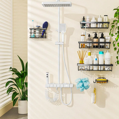 Caddy Shower Storage 5-Piece Set Self-Adhesive Stainless Steel Shelf No Drilling Required Rust-Resistant Pink Bathroom Decor Accessories for Shampoo & Body Wash