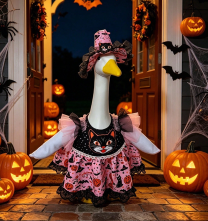 Halloween Porch Goose Witch Costume, Spooky Cute Black Cat Pumpkin Print Dress With Floral Witch Hat, 23 Inch Lawn Goose Outfit For Holiday Garden Decor
