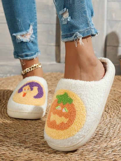Women's Halloween Classic Pumpkin Slippers Ghost Face Non-Slip Slippers For Casual Footwear In Winter Black