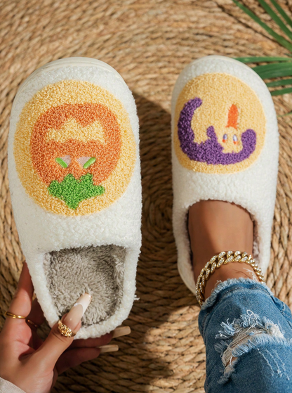 Women's Halloween Classic Pumpkin Slippers Ghost Face Non-Slip Slippers For Casual Footwear In Winter Black