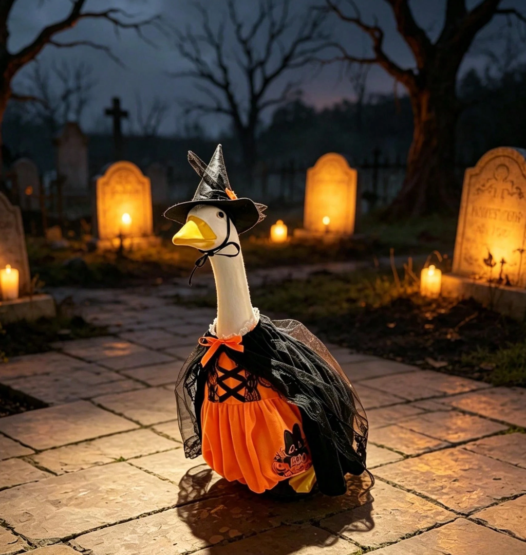 Halloween Porch Goose Witch Costume, Spooky Cute Black Cat Pumpkin Print Dress With Floral Witch Hat, 23 Inch Lawn Goose Outfit For Holiday Garden Decor