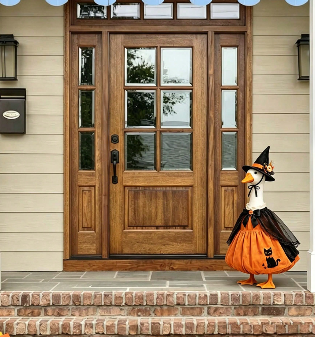 Halloween Porch Goose Witch Costume, Spooky Cute Black Cat Pumpkin Print Dress With Floral Witch Hat, 23 Inch Lawn Goose Outfit For Holiday Garden Decor