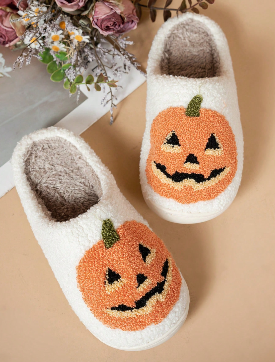 Women's Halloween Classic Pumpkin Slippers Ghost Face Non-Slip Slippers For Casual Footwear In Winter Black