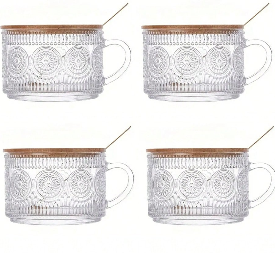 Glass Family 4-Piece Set 450ml/15.2oz, Overnight Oat Container With Bamboo Lid And Spoon - Transparent Embossed Glass Cup