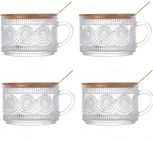Glass Family 4-Piece Set 450ml/15.2oz, Overnight Oat Container With Bamboo Lid And Spoon - Transparent Embossed Glass Cup
