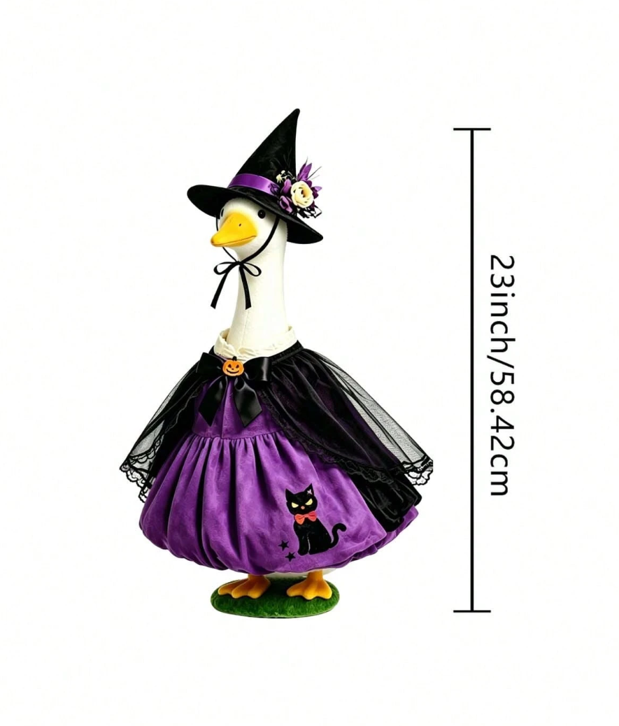 Halloween Porch Goose Witch Costume, Spooky Cute Black Cat Pumpkin Print Dress With Floral Witch Hat, 23 Inch Lawn Goose Outfit For Holiday Garden Decor