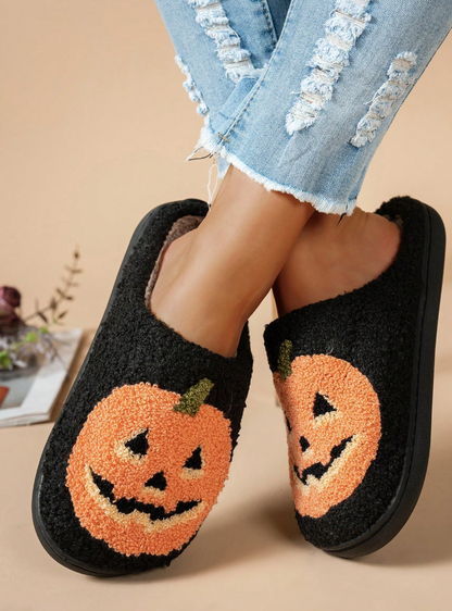 Women's Halloween Classic Pumpkin Slippers Ghost Face Non-Slip Slippers For Casual Footwear In Winter Black