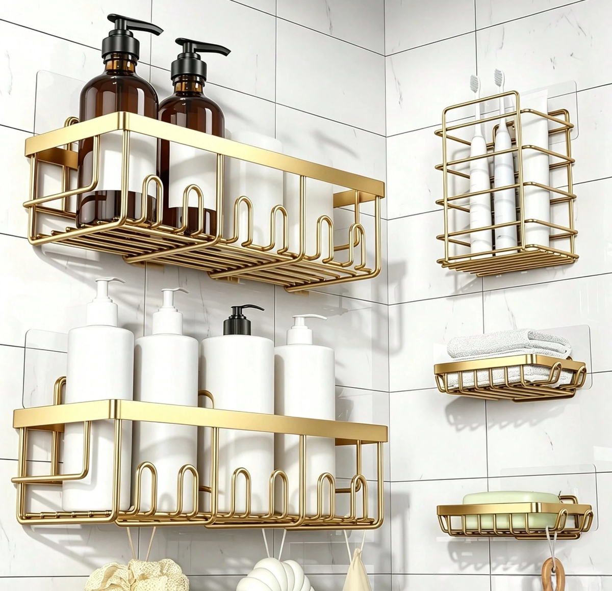 Caddy Shower Storage 5-Piece Set Self-Adhesive Stainless Steel Shelf No Drilling Required Rust-Resistant Pink Bathroom Decor Accessories for Shampoo & Body Wash