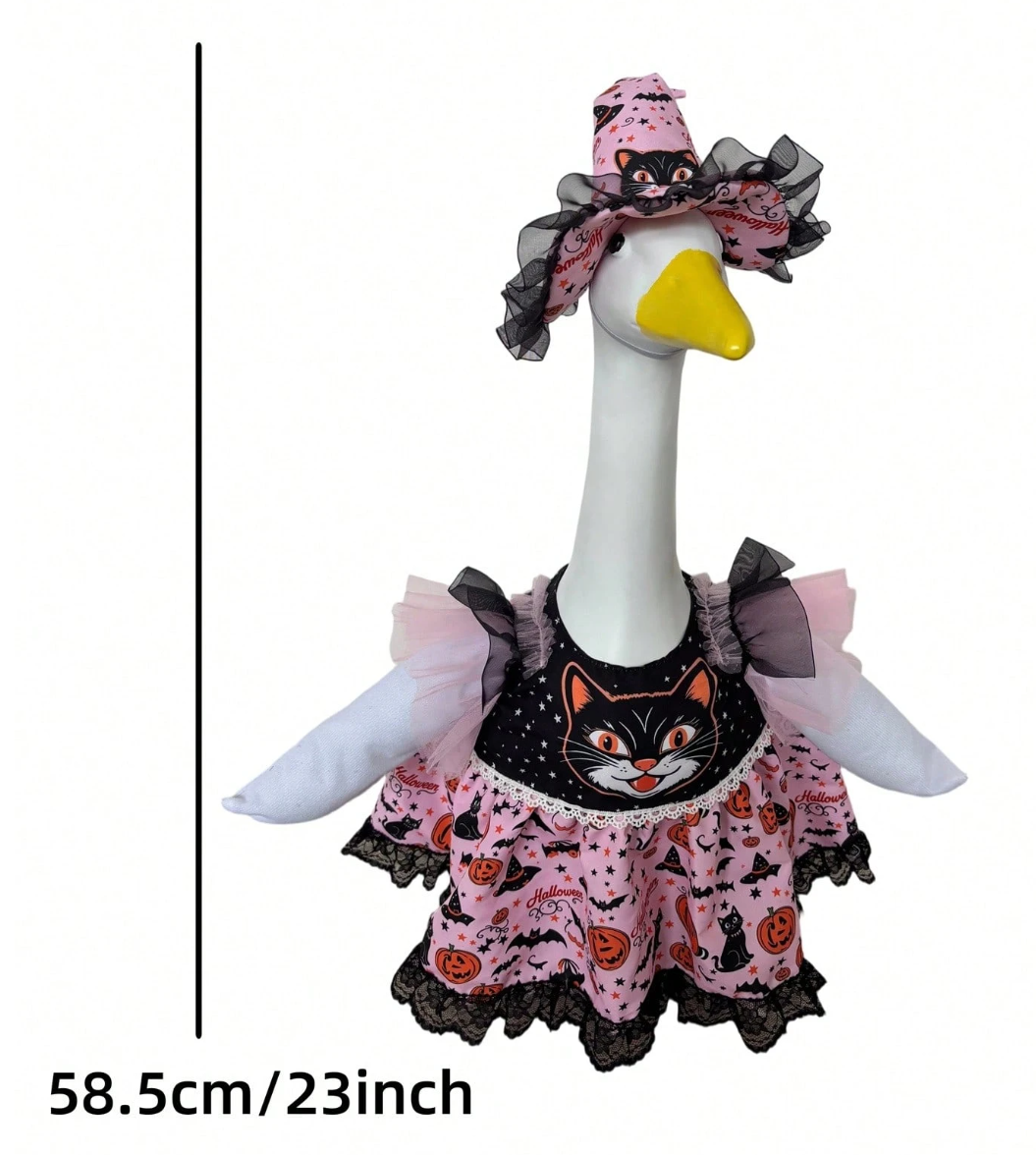 Halloween Porch Goose Witch Costume, Spooky Cute Black Cat Pumpkin Print Dress With Floral Witch Hat, 23 Inch Lawn Goose Outfit For Holiday Garden Decor