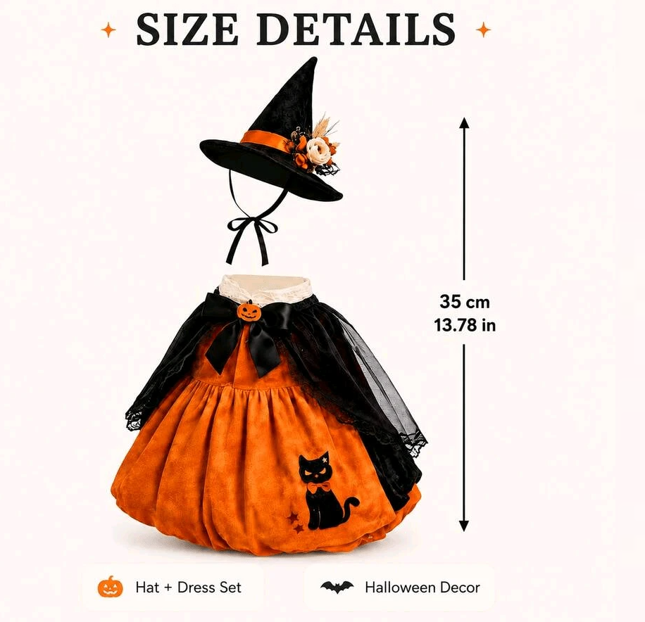 Halloween Porch Goose Witch Costume, Spooky Cute Black Cat Pumpkin Print Dress With Floral Witch Hat, 23 Inch Lawn Goose Outfit For Holiday Garden Decor