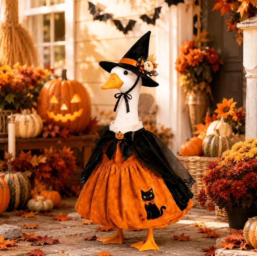 Halloween Porch Goose Witch Costume, Spooky Cute Black Cat Pumpkin Print Dress With Floral Witch Hat, 23 Inch Lawn Goose Outfit For Holiday Garden Decor