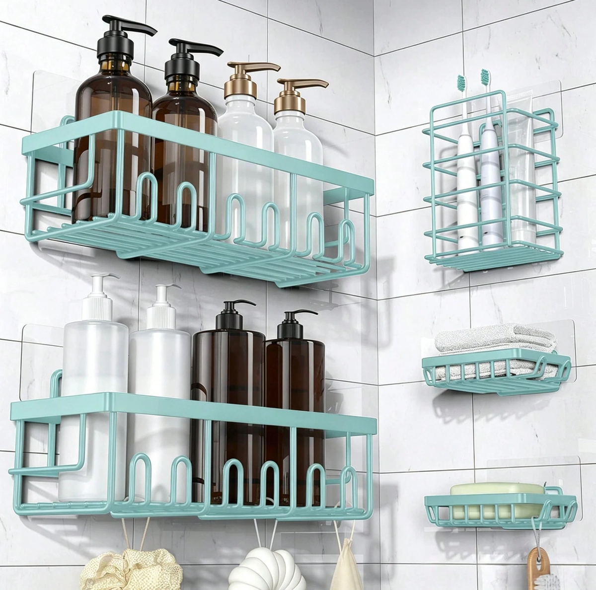 Caddy Shower Storage 5-Piece Set Self-Adhesive Stainless Steel Shelf No Drilling Required Rust-Resistant Pink Bathroom Decor Accessories for Shampoo & Body Wash