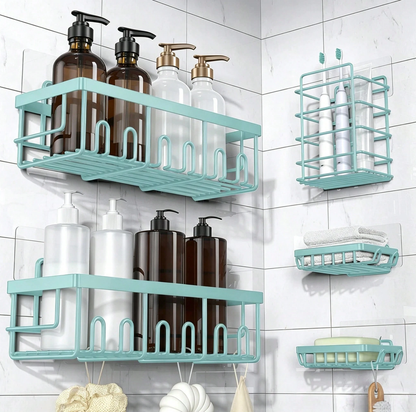Caddy Shower Storage 5-Piece Set Self-Adhesive Stainless Steel Shelf No Drilling Required Rust-Resistant Pink Bathroom Decor Accessories for Shampoo & Body Wash