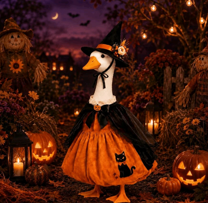 Halloween Porch Goose Witch Costume, Spooky Cute Black Cat Pumpkin Print Dress With Floral Witch Hat, 23 Inch Lawn Goose Outfit For Holiday Garden Decor