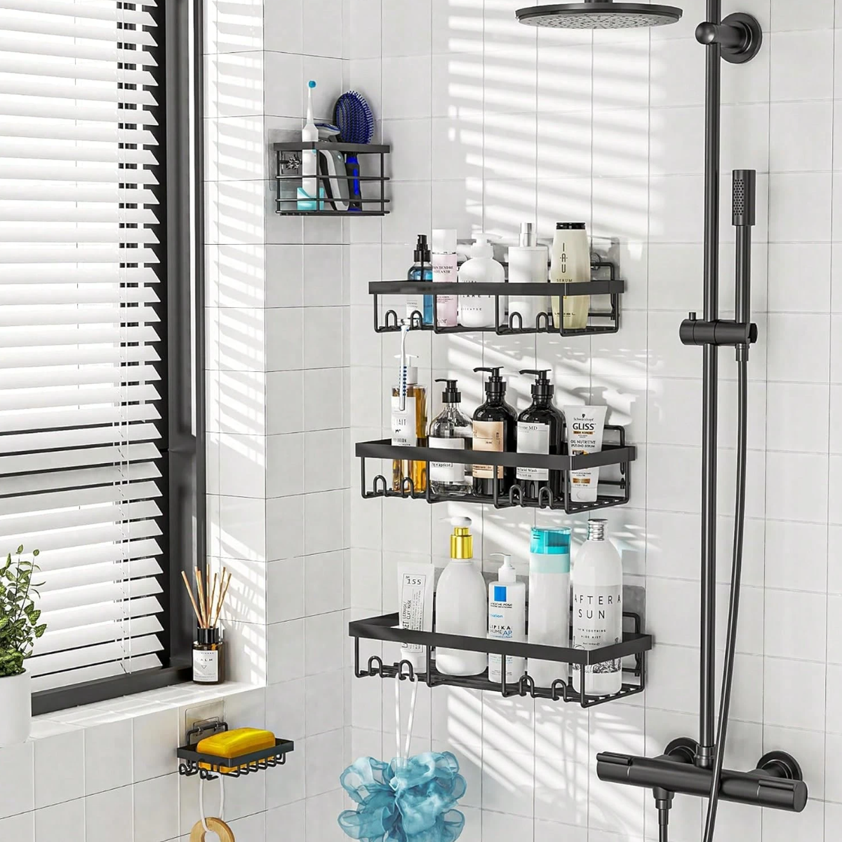 Caddy Shower Storage 5-Piece Set Self-Adhesive Stainless Steel Shelf No Drilling Required Rust-Resistant Pink Bathroom Decor Accessories for Shampoo & Body Wash