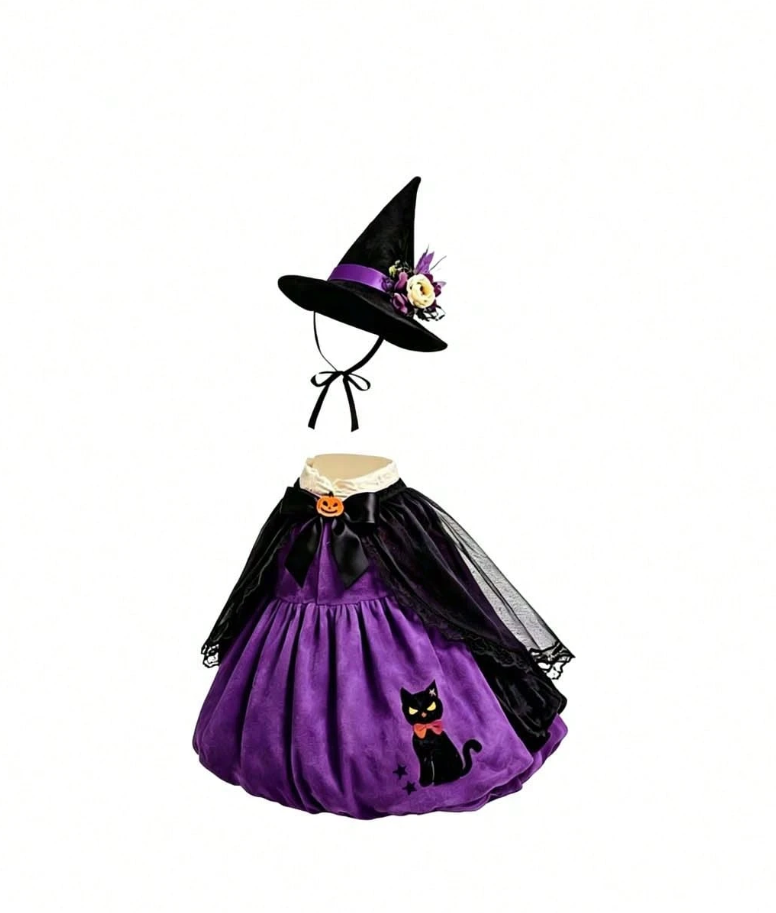 Halloween Porch Goose Witch Costume, Spooky Cute Black Cat Pumpkin Print Dress With Floral Witch Hat, 23 Inch Lawn Goose Outfit For Holiday Garden Decor